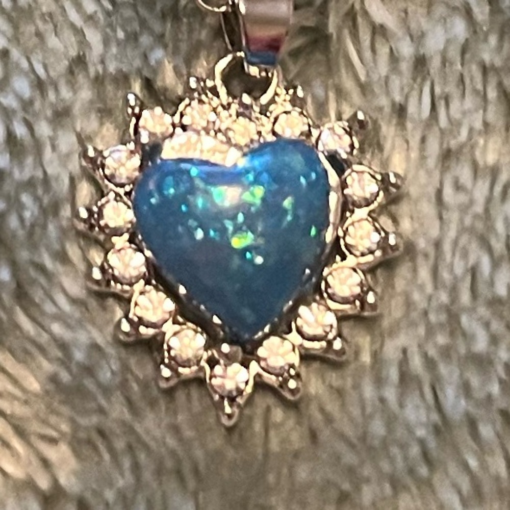 Blue Opal Heart Diamond Wrapped Around The Heart Pendant Neck